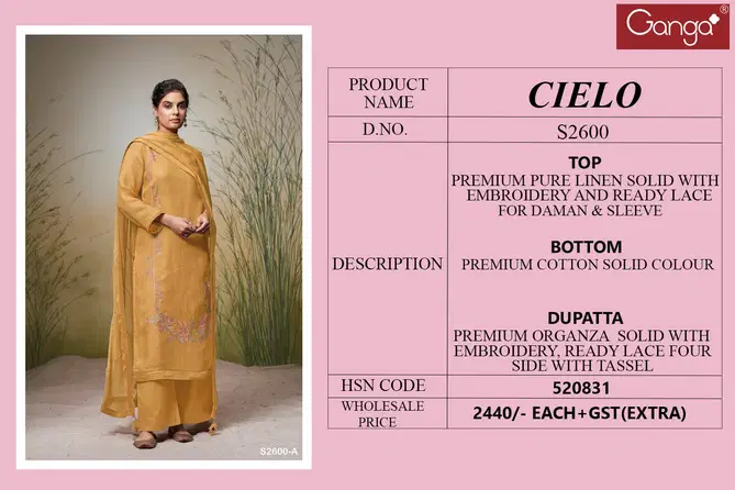 Cielo 2600 By Ganga Embroidery Linen Dress Material Wholesale Price In Surat